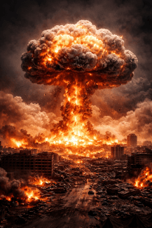 Mushroom cloud over devastated city